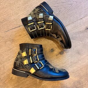 Black girls CHLOE Studded leather Buckle Ankle Boots with Gold Hardware